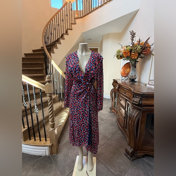 Escada Dresses & Skirts - ESCADA Sport Floral Ruffle Wrap Dress EU 38 Blue Red Long Sleeve Midi MSRP $695